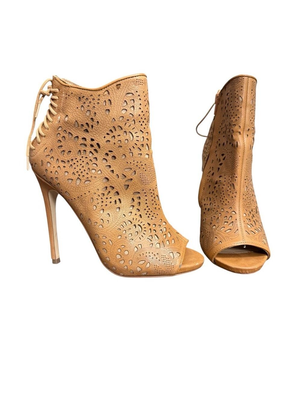 Steve Madden Women’s 8M Korsett Tan Leather Peep Toe Laser Cut Booties 5” Stilet - Picture 1 of 11